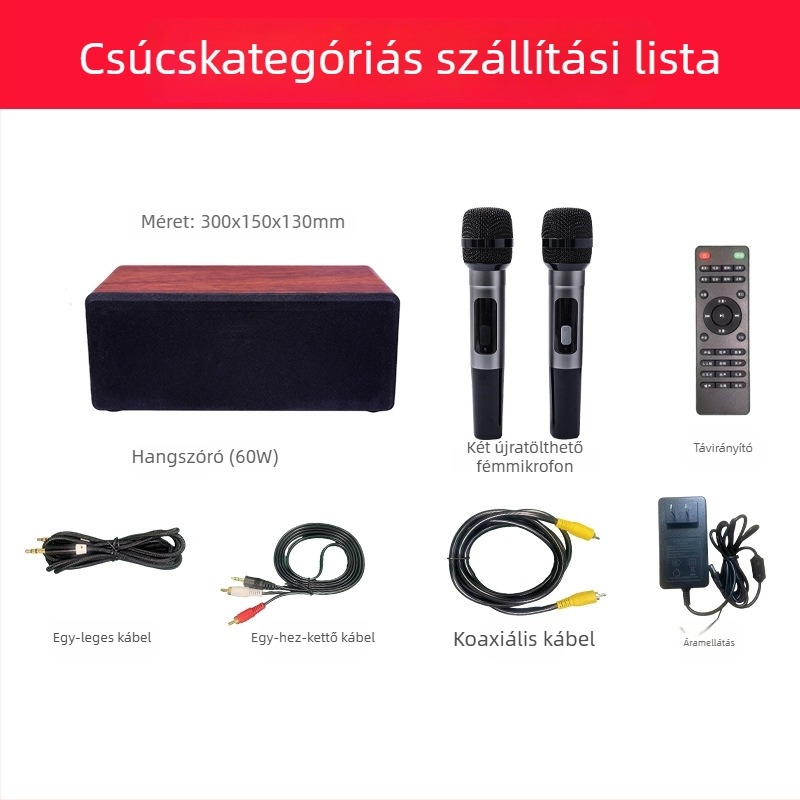 N-S10mini Otthoni KTV Karaoke All-in-One rendszer kettős mikrofonnal, Bluetooth 5.0, 60W, 60Hz-15kHz, SNR ≥70dB, AC tápegység