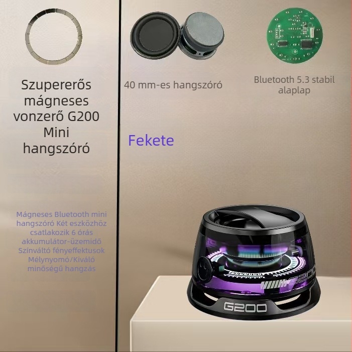 G200 Hordozható Bluetooth hangszóró mágneses telefon-tartóval, asztali mini szubwooferrel és színes fényekkel