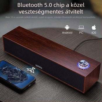 Fa textúrájú Bluetooth hangszóró számítógéphez - vezetékes és Bluetooth mód, USB interfész, 2 csatornás, 6W teljesítmény, fa ház