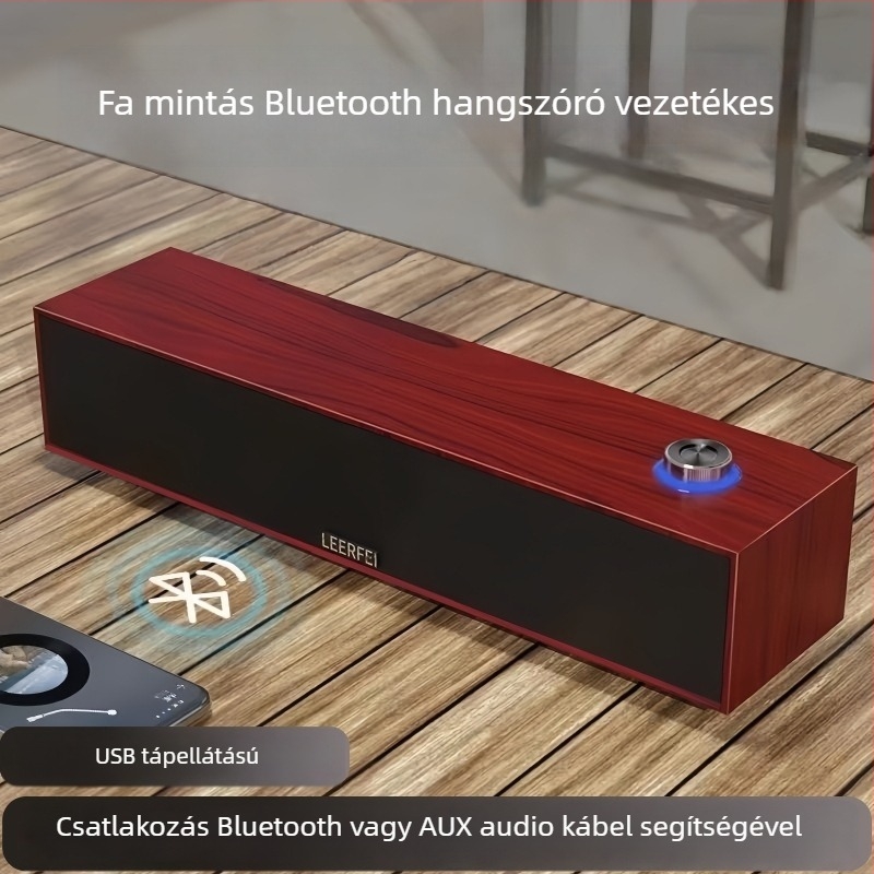 Fa textúrájú Bluetooth hangszóró számítógéphez - vezetékes és Bluetooth mód, USB interfész, 2 csatornás, 6W teljesítmény, fa ház