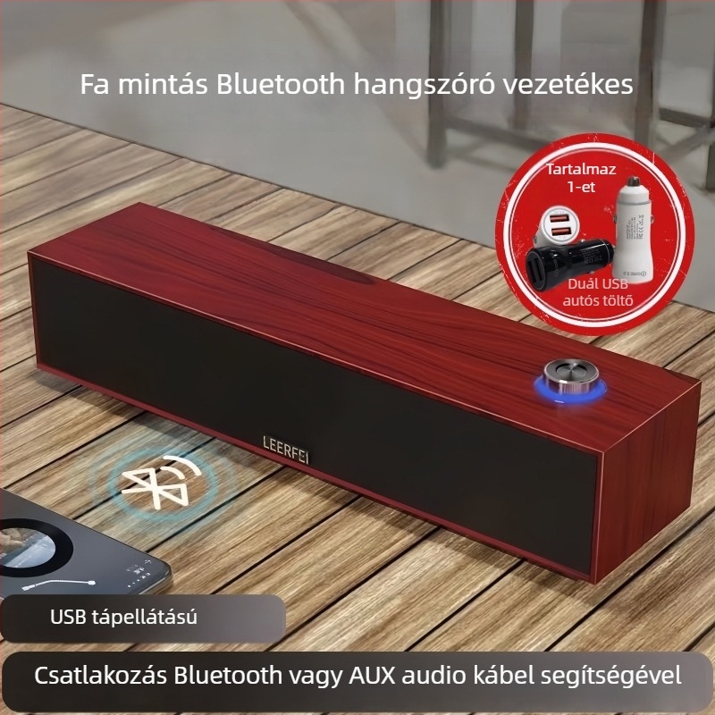 Fa textúrájú Bluetooth hangszóró számítógéphez - vezetékes és Bluetooth mód, USB interfész, 2 csatornás, 6W teljesítmény, fa ház