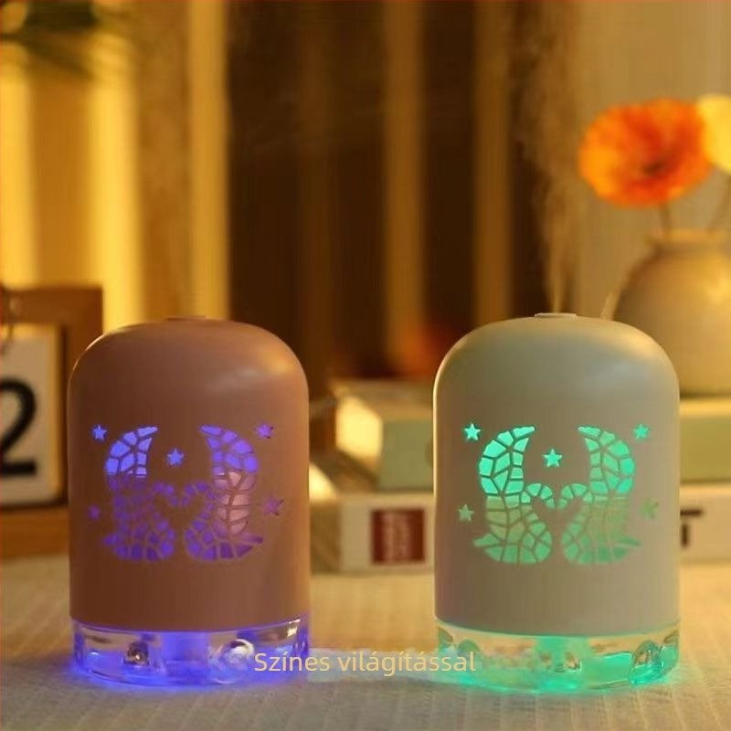 Mini USB-s párásító LED világítással, kör alakú dizájn, 0,5 L tartály, 1 ködkimenet, USB tápegység, 8+ órás időzítő, halk működés