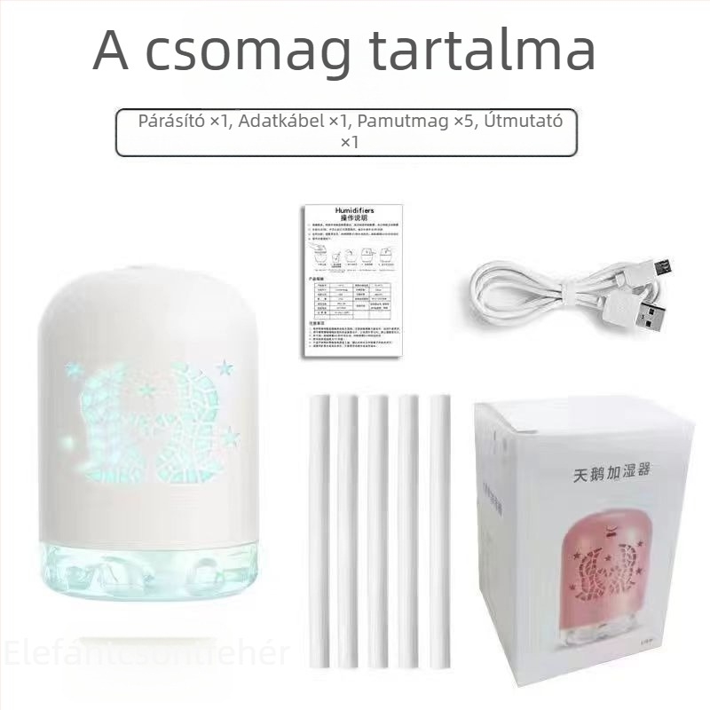 Mini USB-s párásító LED világítással, kör alakú dizájn, 0,5 L tartály, 1 ködkimenet, USB tápegység, 8+ órás időzítő, halk működés