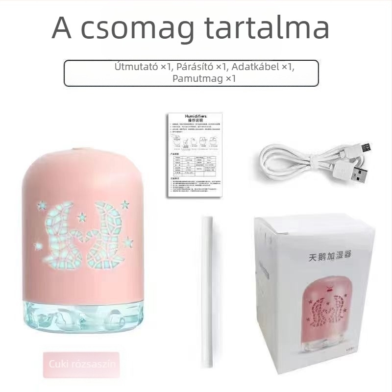 Mini USB-s párásító LED világítással, kör alakú dizájn, 0,5 L tartály, 1 ködkimenet, USB tápegység, 8+ órás időzítő, halk működés