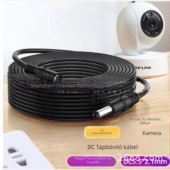 DC5521 tápcsatlakozó-kábel, férfi–női csatlakozóval, 12V 2A, megfigyeléshez