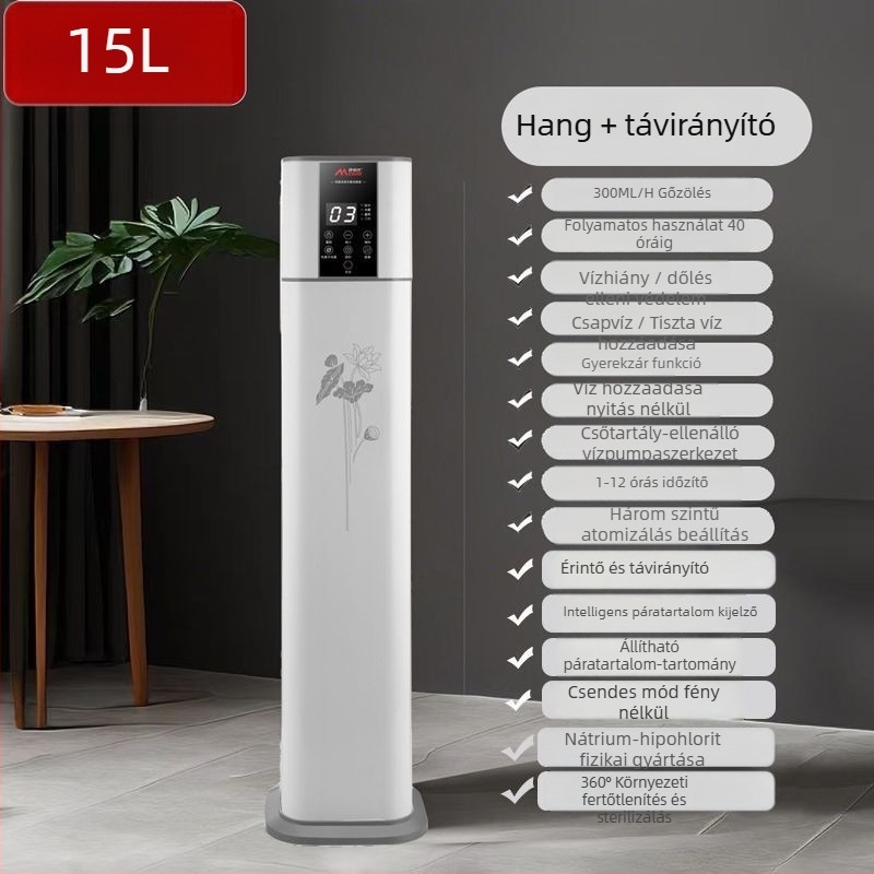 Hangvezérléses párásító és levegőtisztító, álló modell, 400 m³/h légáram, 61 m²+ helyiségekhez, Li-ion akkumulátorral működtetve, ozon szabályozás