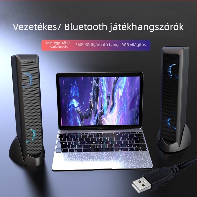 Asztali USB-s játékhangrendszer RGB világítással, 4 hangszórós konfiguráció, 5W teljesítmény, 3D/ virtuális surround hangzás