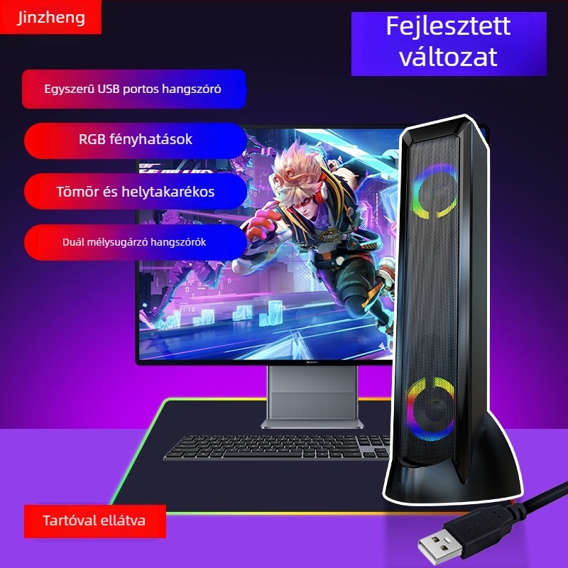 Asztali USB-s játékhangrendszer RGB világítással, 4 hangszórós konfiguráció, 5W teljesítmény, 3D/ virtuális surround hangzás
