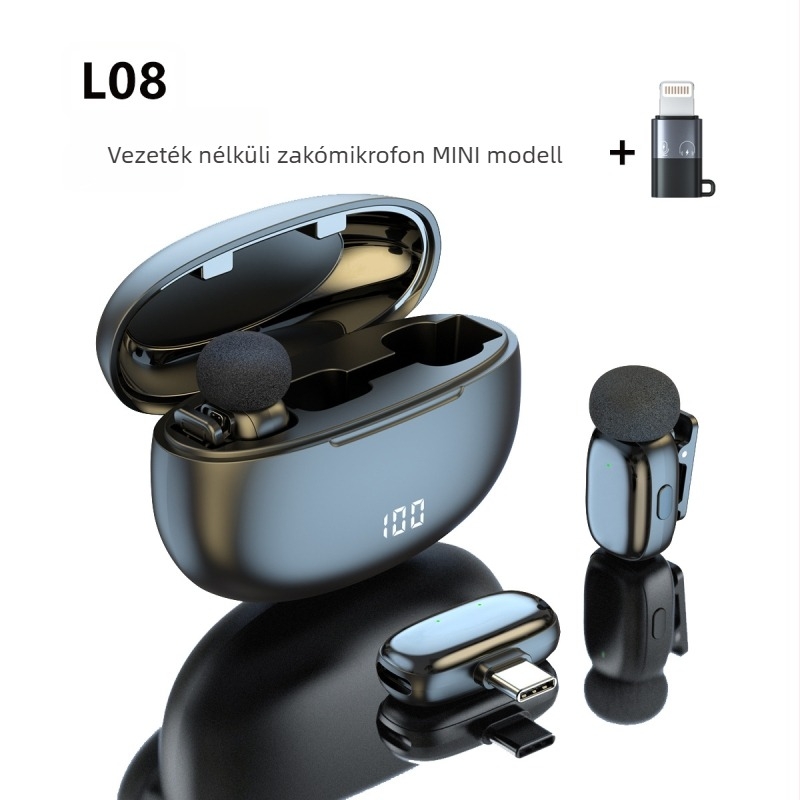 L08 Vezeték nélküli Lavalier mikrofon töltőtokkal és kijelzővel az akkumulátor állapotához, Bluetooth 5.0, 20Hz–20kHz, SNR ≥70dB, 3–6 h üzemidő
