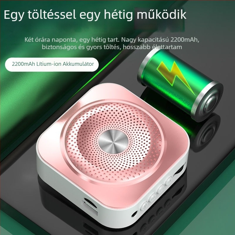 Kordozható hangszóró beépített számítógépes karaoke mikrofonnal, 1200–2000 mAh akkumulátor, 8–12 órás üzemidő, 1 W kimeneti teljesítmény, SNR ≥100 dB