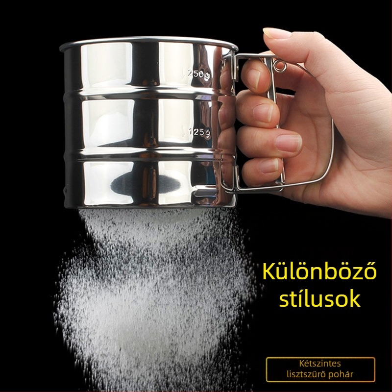 Kétrétegű liszt-szitó pohár, 24-es hálóval, félautomata kézi működés, rozsdamentes acélból