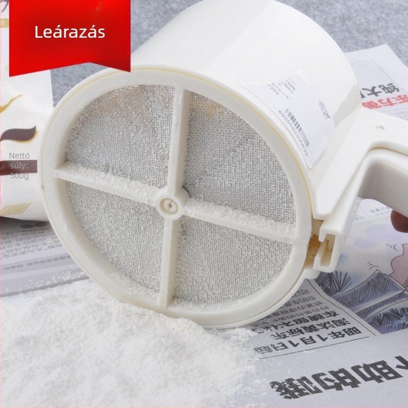 Kétrétegű liszt-szitó pohár, 24-es hálóval, félautomata kézi működés, rozsdamentes acélból