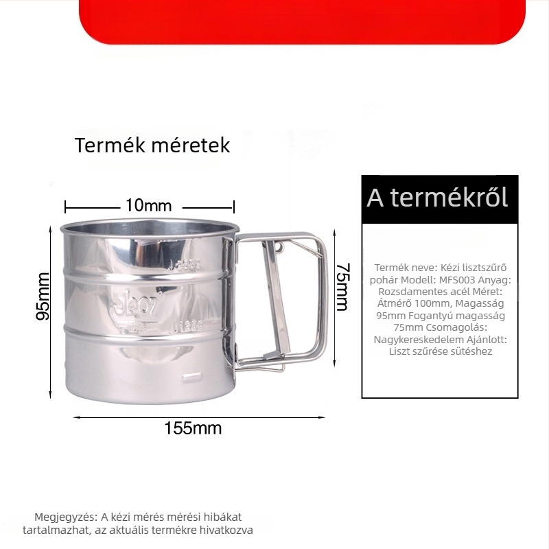 Kétrétegű liszt-szitó pohár, 24-es hálóval, félautomata kézi működés, rozsdamentes acélból