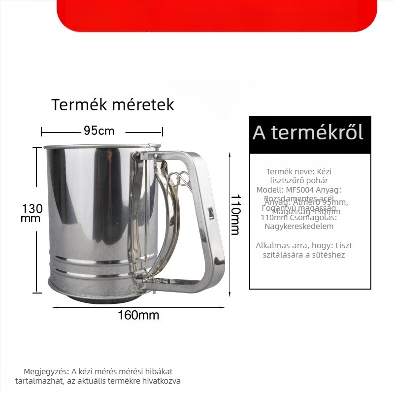 Kétrétegű liszt-szitó pohár, 24-es hálóval, félautomata kézi működés, rozsdamentes acélból