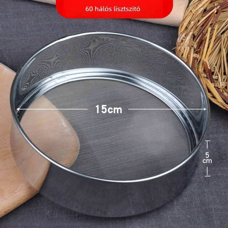 Kétrétegű liszt-szitó pohár, 24-es hálóval, félautomata kézi működés, rozsdamentes acélból