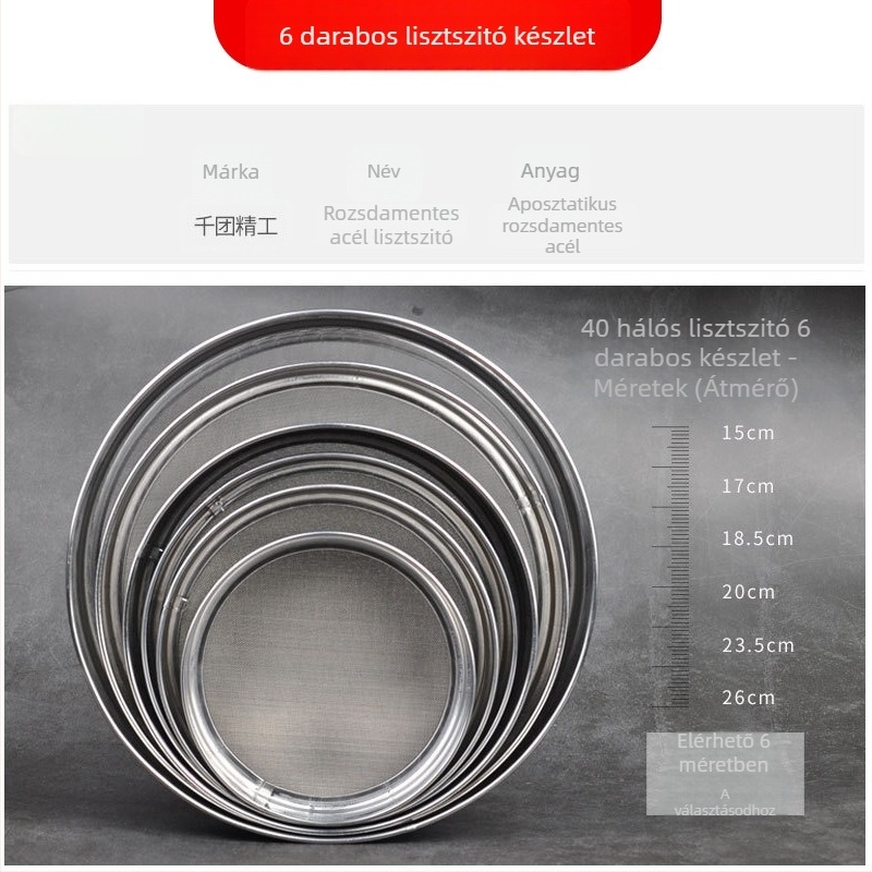 Kétrétegű liszt-szitó pohár, 24-es hálóval, félautomata kézi működés, rozsdamentes acélból