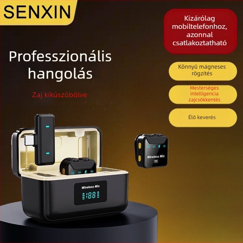 SX23 vezeték nélküli lavalier mikrofon AI zajcsökkentéssel, mágneses klipek, 2-csatornás, Bluetooth 5.0, 100 Hz–20 kHz, SNR ≥70 dB, beépített 500–800 mAh akkumulátor, üzemidő 3–6 óra