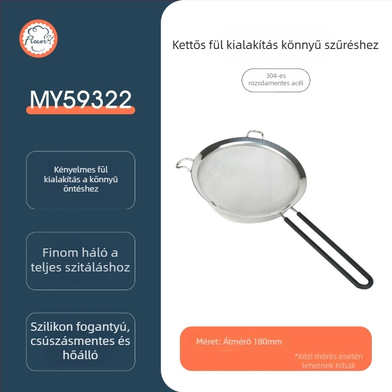 Rozsdamentes acélból készült liszt szitáló, kézi használat, ultrafin háló, modern minimális dizájn