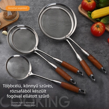 Rozsdamentes acélból készült szűrőkanál körtefa nyéllel, csúszásmentes, hőálló, modern minimál dizájn