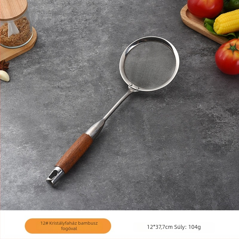 Rozsdamentes acélból készült szűrőkanál körtefa nyéllel, csúszásmentes, hőálló, modern minimál dizájn