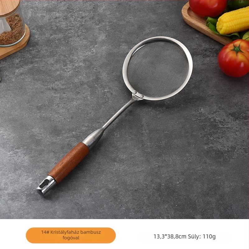 Rozsdamentes acélból készült szűrőkanál körtefa nyéllel, csúszásmentes, hőálló, modern minimál dizájn