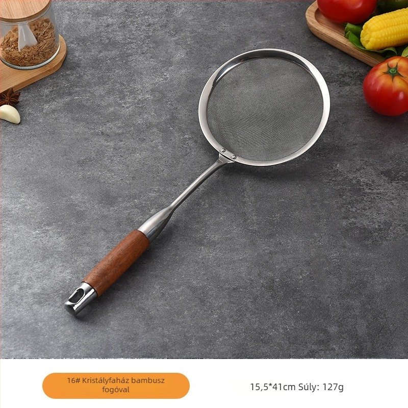 Rozsdamentes acélból készült szűrőkanál körtefa nyéllel, csúszásmentes, hőálló, modern minimál dizájn