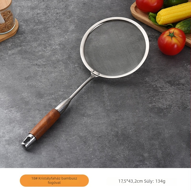 Rozsdamentes acélból készült szűrőkanál körtefa nyéllel, csúszásmentes, hőálló, modern minimál dizájn