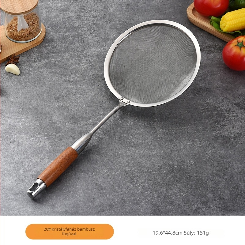 Rozsdamentes acélból készült szűrőkanál körtefa nyéllel, csúszásmentes, hőálló, modern minimál dizájn