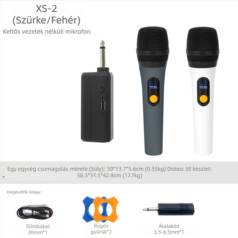 XS-2 Vezeték Nélküli mikrofon, kettős kézibeszélő KTV-hez, újratölthető, 40 Hz-20 kHz frekvenciatartomány, SNR ≥85 dB, beépített 500-800 mAh akkumulátor, üzemidő 1-3 óra