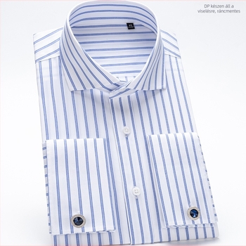 Férfi pamut csíkos ing, slim fit, hosszú ujjú, nem vasalható, négyzet alakú gallér, üzleti formális viselet