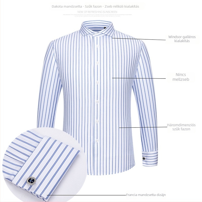 Férfi pamut csíkos ing, slim fit, hosszú ujjú, nem vasalható, négyzet alakú gallér, üzleti formális viselet