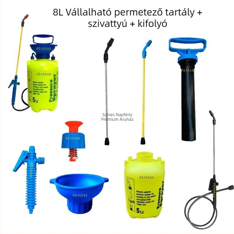 Vállon hordozható permetező, 5 literes kapacitás, légpumpa, leeresztő szelep, permetezőcső