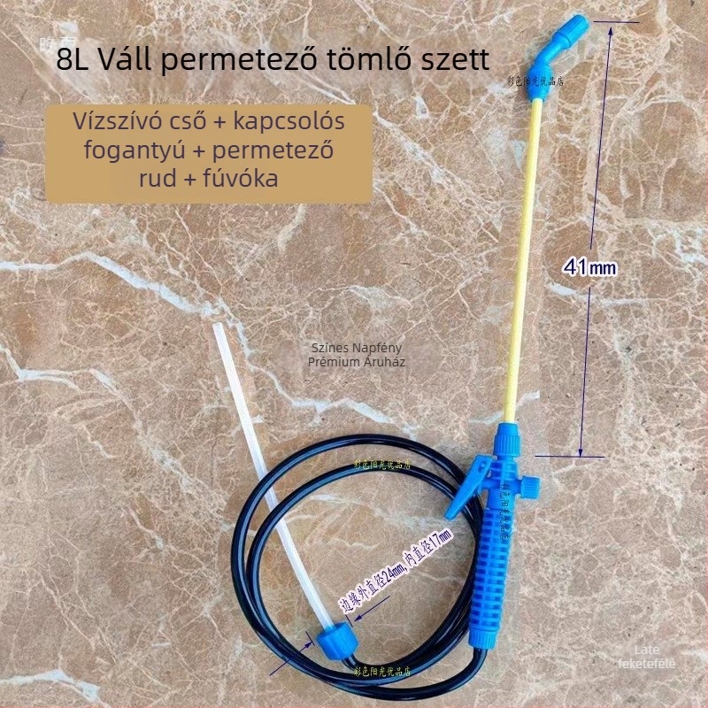 Vállon hordozható permetező, 5 literes kapacitás, légpumpa, leeresztő szelep, permetezőcső
