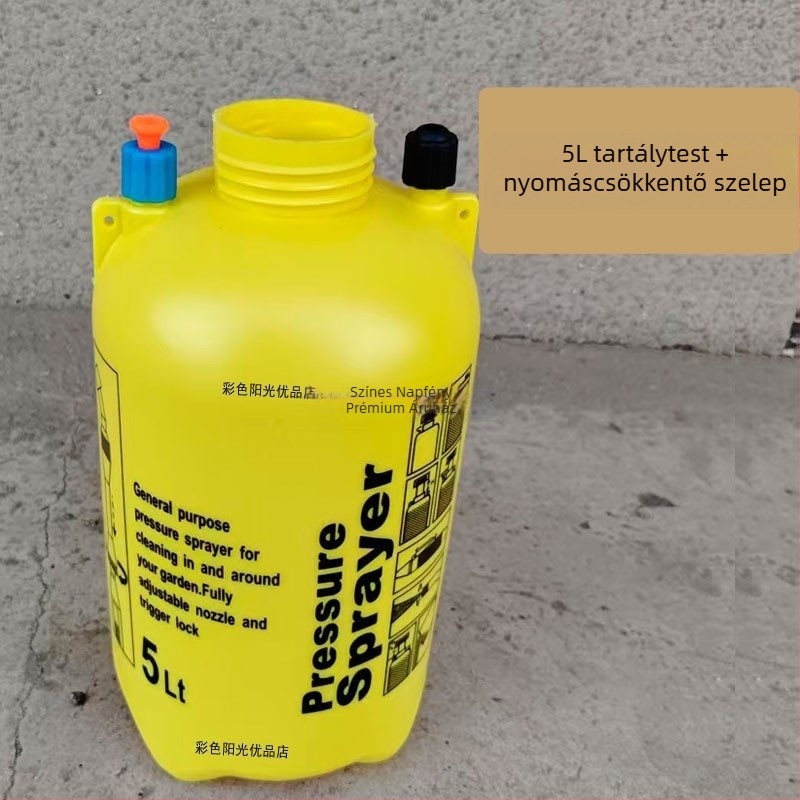 Vállon hordozható permetező, 5 literes kapacitás, légpumpa, leeresztő szelep, permetezőcső