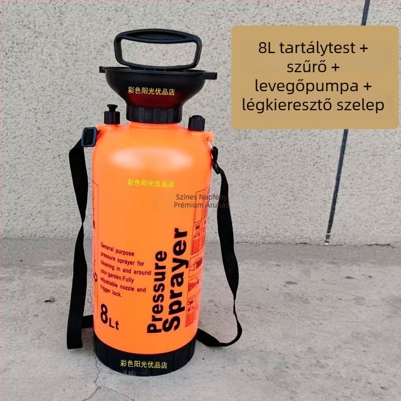 Vállon hordozható permetező, 5 literes kapacitás, légpumpa, leeresztő szelep, permetezőcső