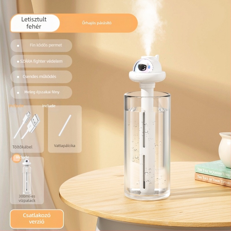 Otthoni hangtalan asztali párásító – 21–30 m², tartály 1,0–2,5 L, 1 köd kijárat, zaj 36–45 dB, USB / száraz elem / beépített tápegység