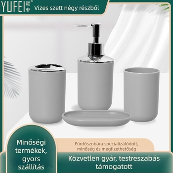 Műanyagból készült négy részes fürdőszobai készlet szájöblítő pohárral és fogkefetartóval – logó nyomtatás elérhető, ajándékba ideális