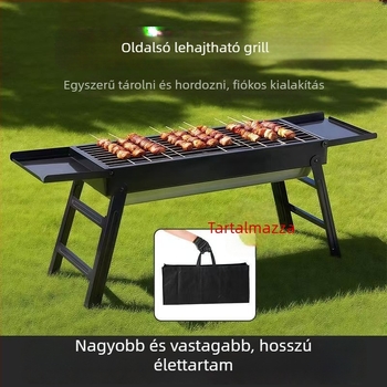 Könnyen hordozható kültéri szén-grill, téglalap alakú, összecsukható fiókkal, elektromosság nélkül
