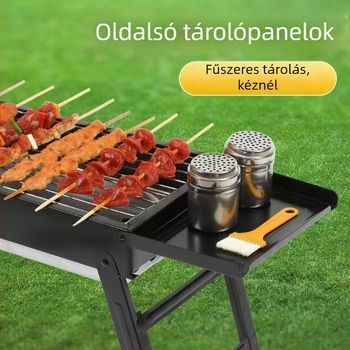 Könnyen hordozható kültéri szén-grill, téglalap alakú, összecsukható fiókkal, elektromosság nélkül