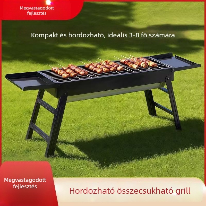 Könnyen hordozható kültéri szén-grill, téglalap alakú, összecsukható fiókkal, elektromosság nélkül