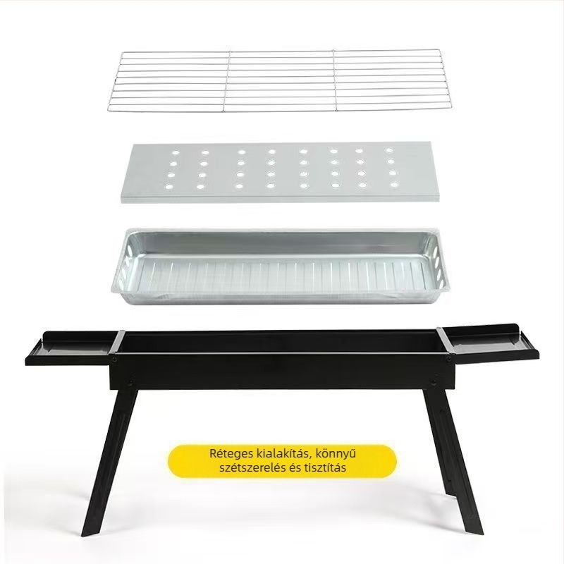 Könnyen hordozható kültéri szén-grill, téglalap alakú, összecsukható fiókkal, elektromosság nélkül