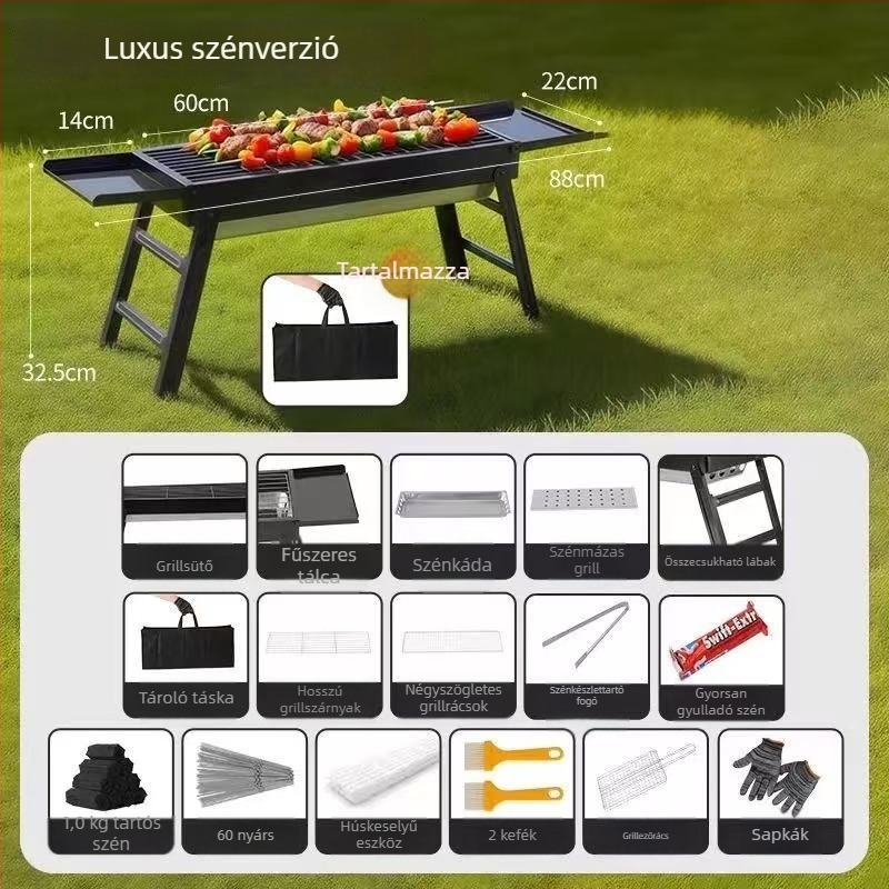 Könnyen hordozható kültéri szén-grill, téglalap alakú, összecsukható fiókkal, elektromosság nélkül