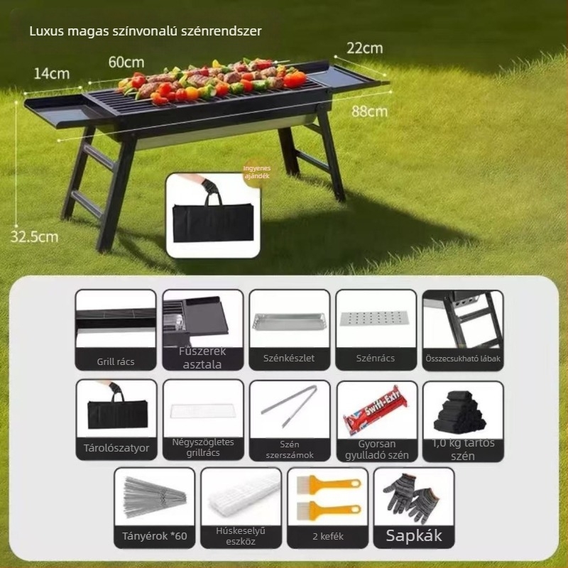 Könnyen hordozható kültéri szén-grill, téglalap alakú, összecsukható fiókkal, elektromosság nélkül