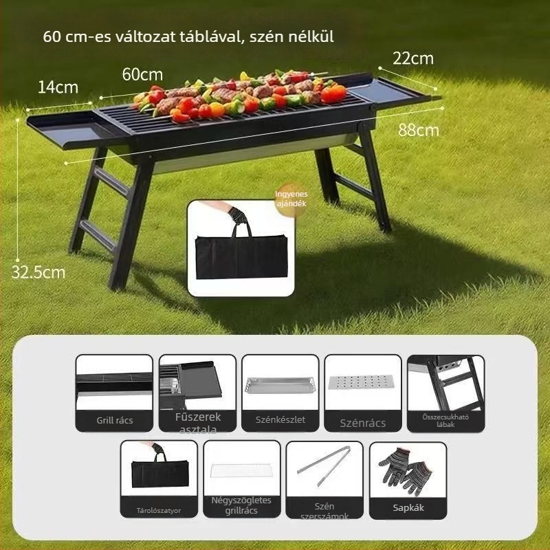 Könnyen hordozható kültéri szén-grill, téglalap alakú, összecsukható fiókkal, elektromosság nélkül