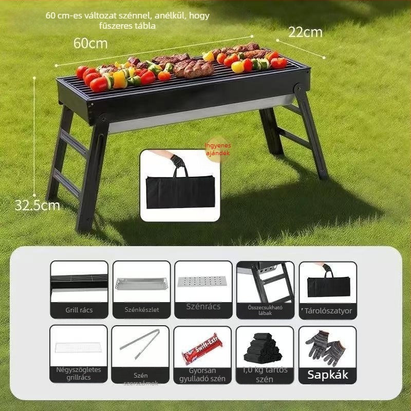 Könnyen hordozható kültéri szén-grill, téglalap alakú, összecsukható fiókkal, elektromosság nélkül