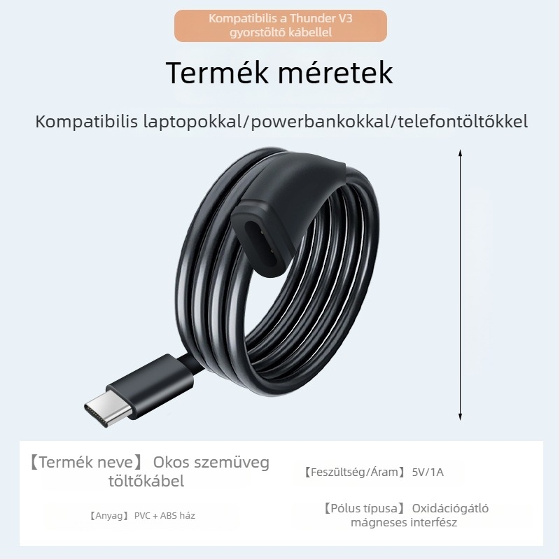 Rayneo V3 Slim mágneses töltőhöz tartozó töltőkábel Thunderbird okos szemüvegekhez, V3 AI szemüvegekhez felvételhez