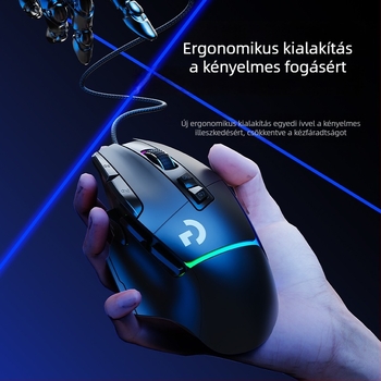 Gamer egér 12000 DPI optikai érzékelővel, 10 programozható gombbal, USB kábeles csatlakozás, ergonikus kialakítás, makró-programozható.