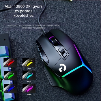 Gamer egér 12000 DPI optikai érzékelővel, 10 programozható gombbal, USB kábeles csatlakozás, ergonikus kialakítás, makró-programozható.