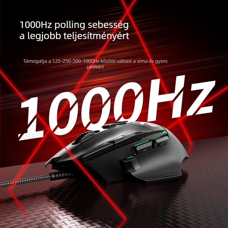 Gamer egér 12000 DPI optikai érzékelővel, 10 programozható gombbal, USB kábeles csatlakozás, ergonikus kialakítás, makró-programozható.