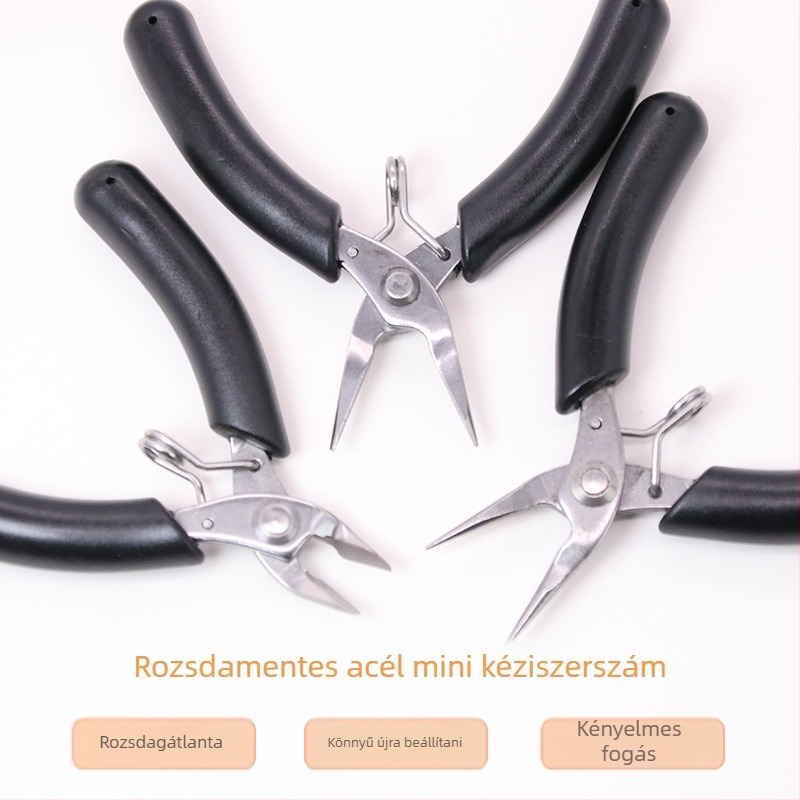 Mini rozsdamentes acél ékszerész fogó, kovácsolt, sima állkapcsú, kerek hegyű, huzal tekeréséhez